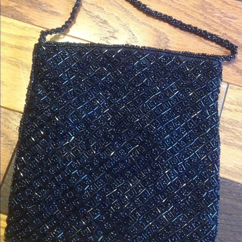Black on black hand beaded purse bag clutch 7 x7"